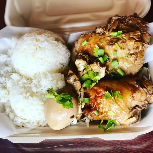 Thai braised chicken with rice and a hard-boiled egg, garnished with cilantro and green onions.
